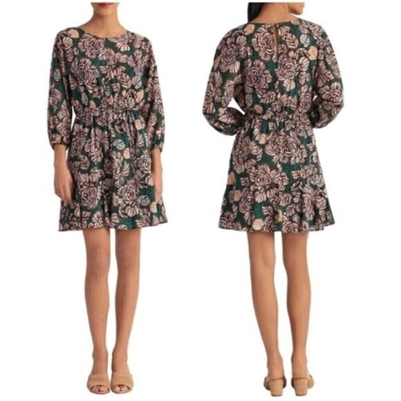 Donna Morgan Floral Crewneck Bishop Sleeve A-line Mini Dress Green Size 10 NWT - Picture 9 of 9